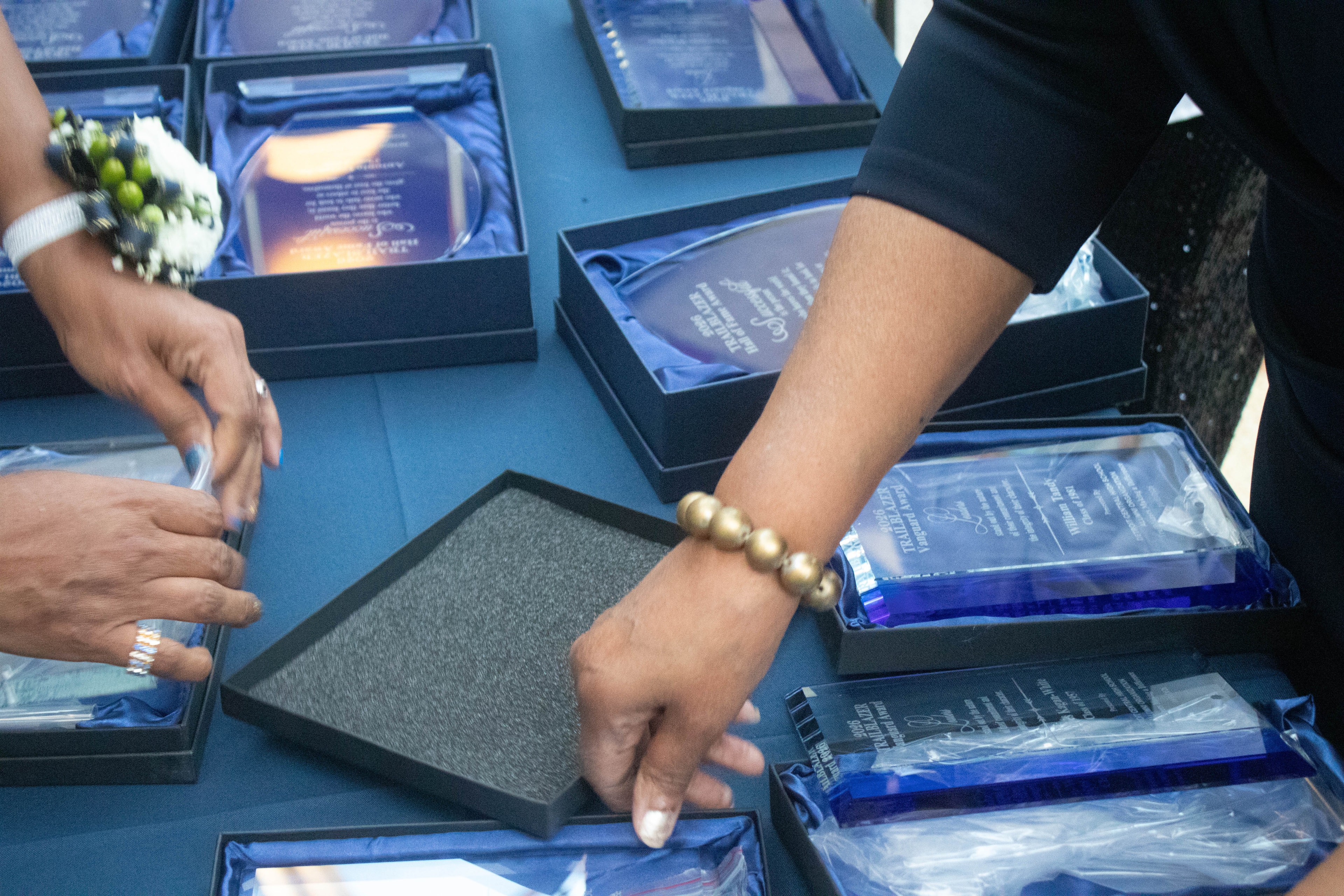 People receiving blue crystal awards ceremony